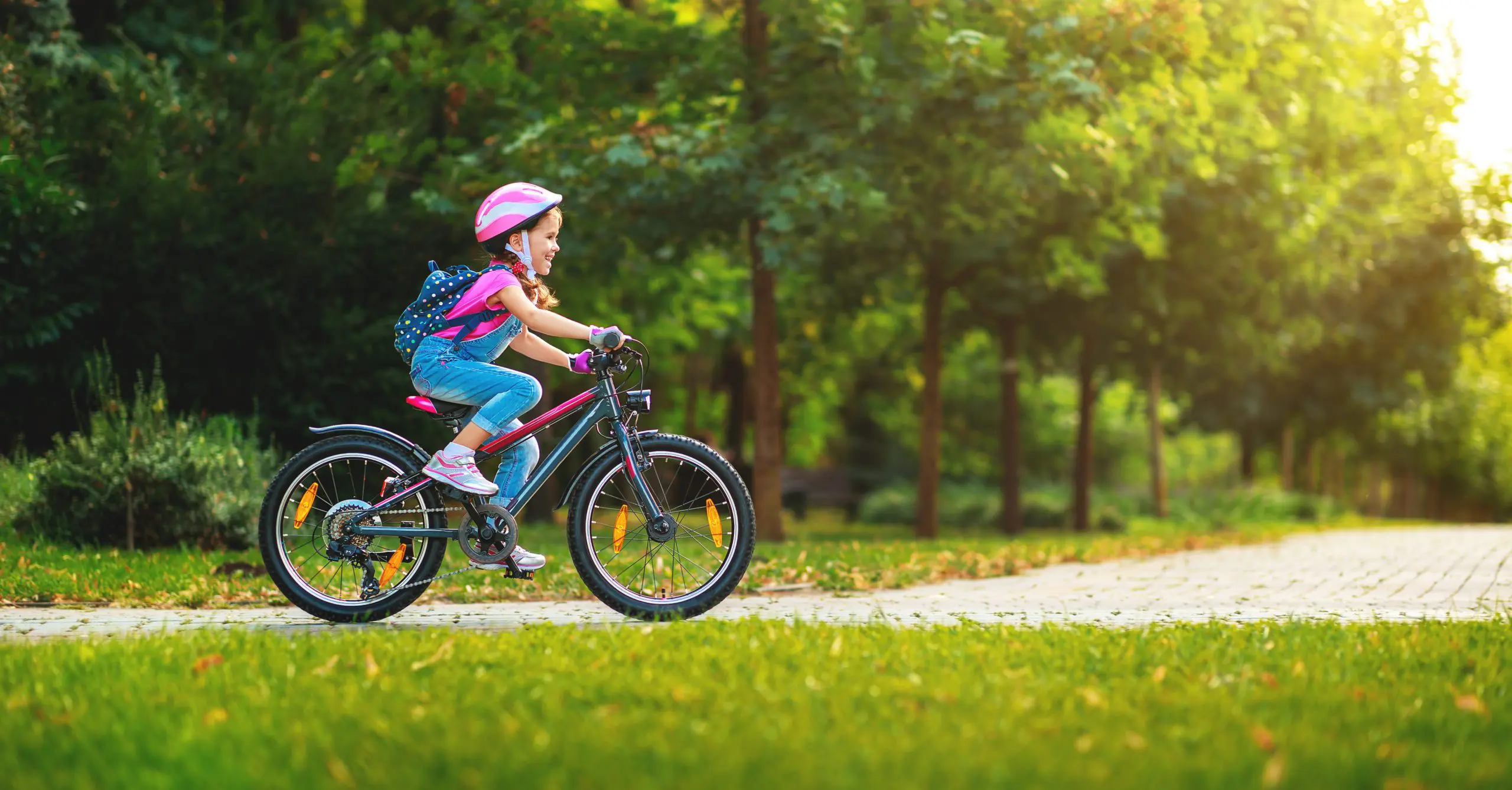 happy cheerful child girl riding a bike in Park in nature