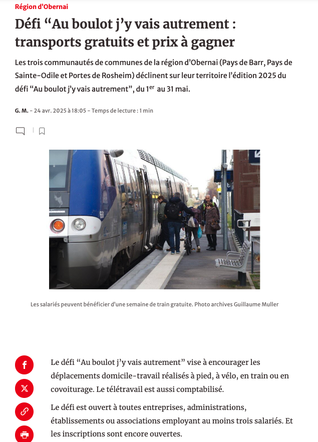 Les trois communautés de communes de la région d’Obernai (Pays de Barr, Pays de Sainte-Odile et Portes de Rosheim) déclinent sur leur territoire l’édition 2025 du Défi "J'y vais !" 
