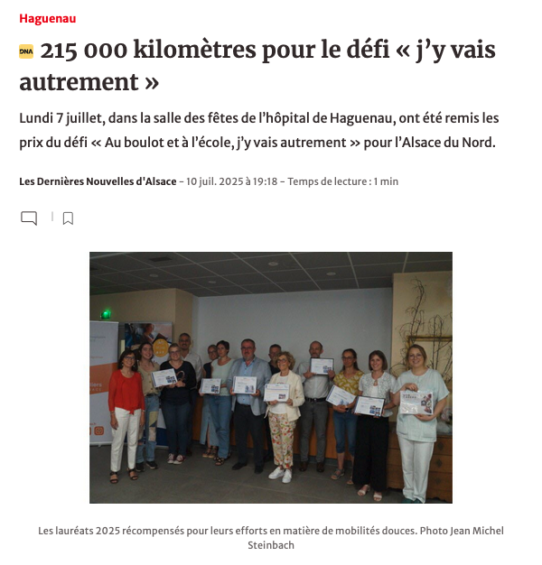 Lundi 7 juillet, dans la salle des fêtes de l’hôpital de Haguenau, ont été remis les prix du défi « Au boulot et à l’école, j’y vais autrement » pour l’Alsace du Nord. Défi "J'y vais !"  2025