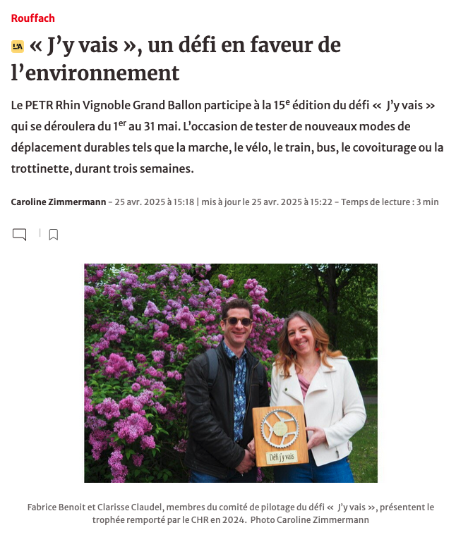  Le PETR Rhin Vignoble Grand Ballon participe à la 15e édition du défi «  J’y vais ! »